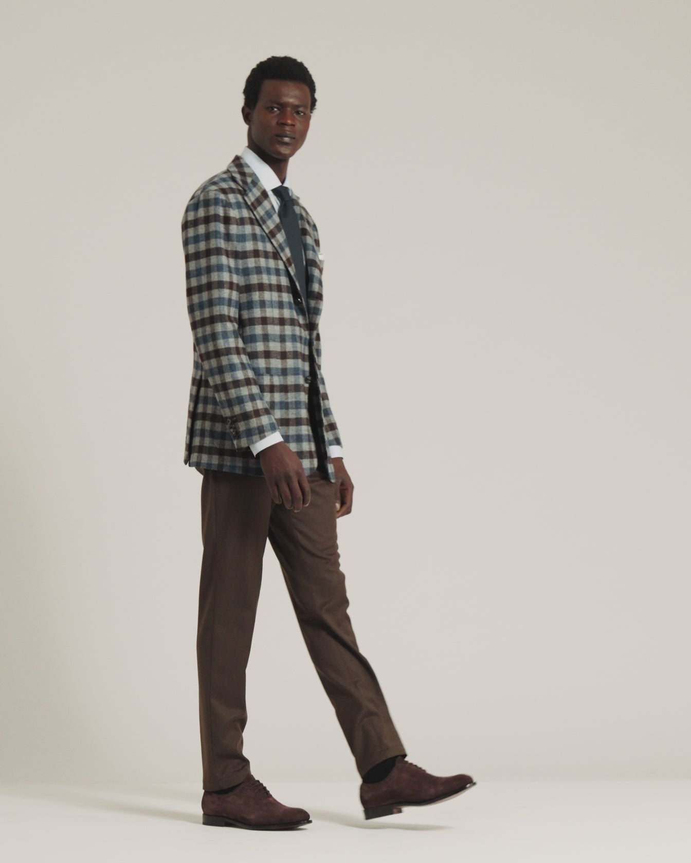 three-button checked jacket in cashmere, vicuña and silk