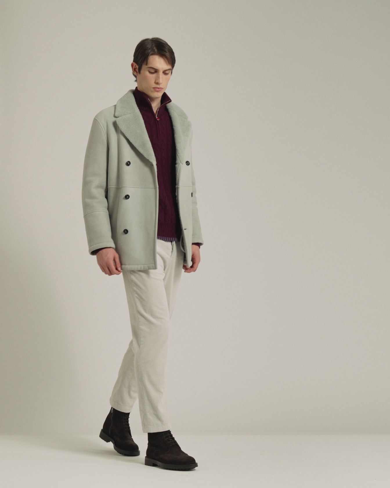 double-breasted overcoat in light grey shearling