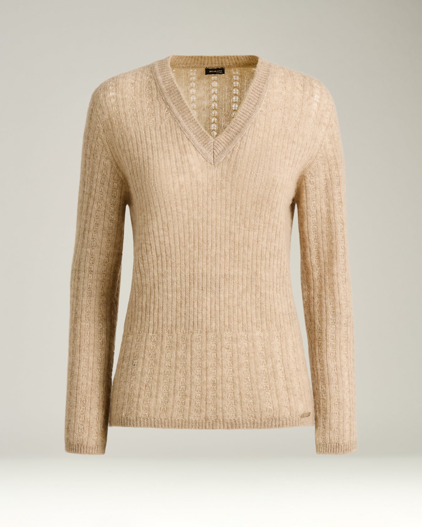 women's beige v-neck openwork cashmere silk sweater