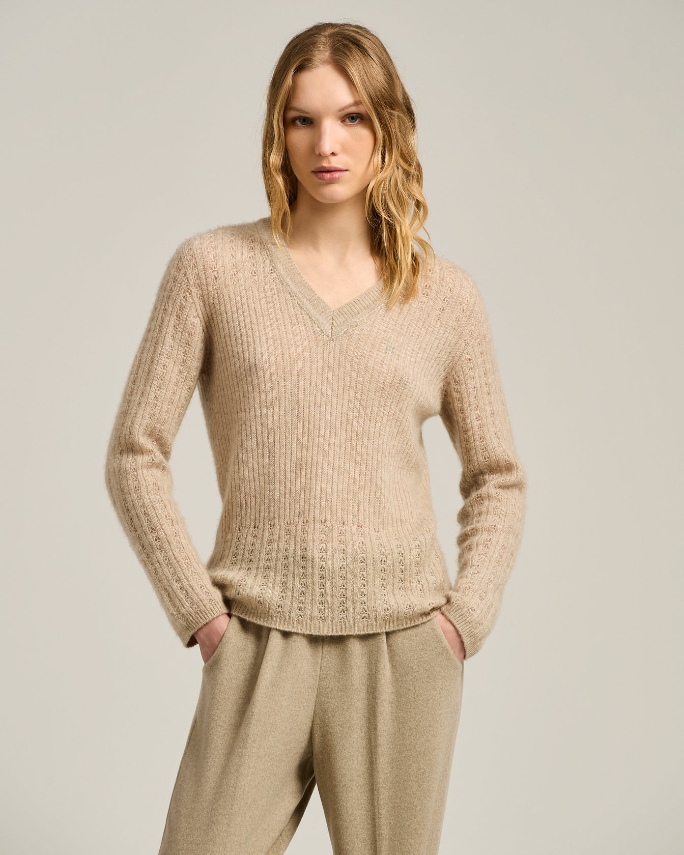 women's beige v-neck openwork cashmere silk sweater