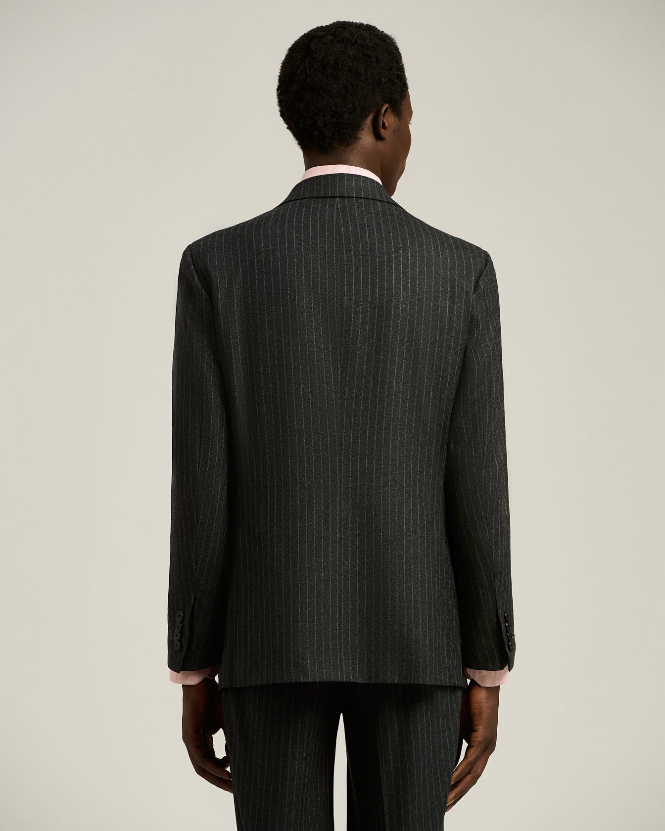 dark grey single-breasted wool and cashmere pinstripe suit