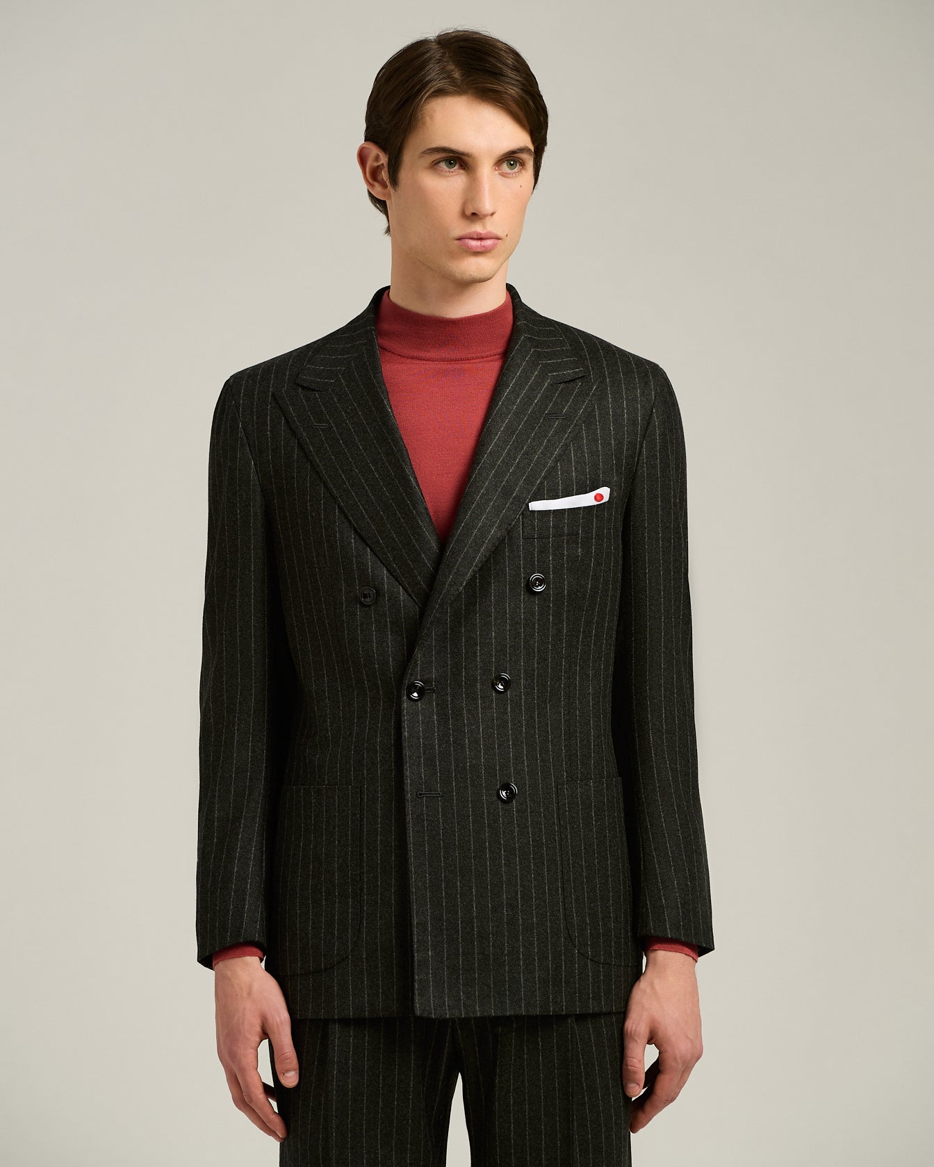 DOUBLE-BREASTED PINSTRIPE SUIT IN GREY WOOL AND CASHMERE
