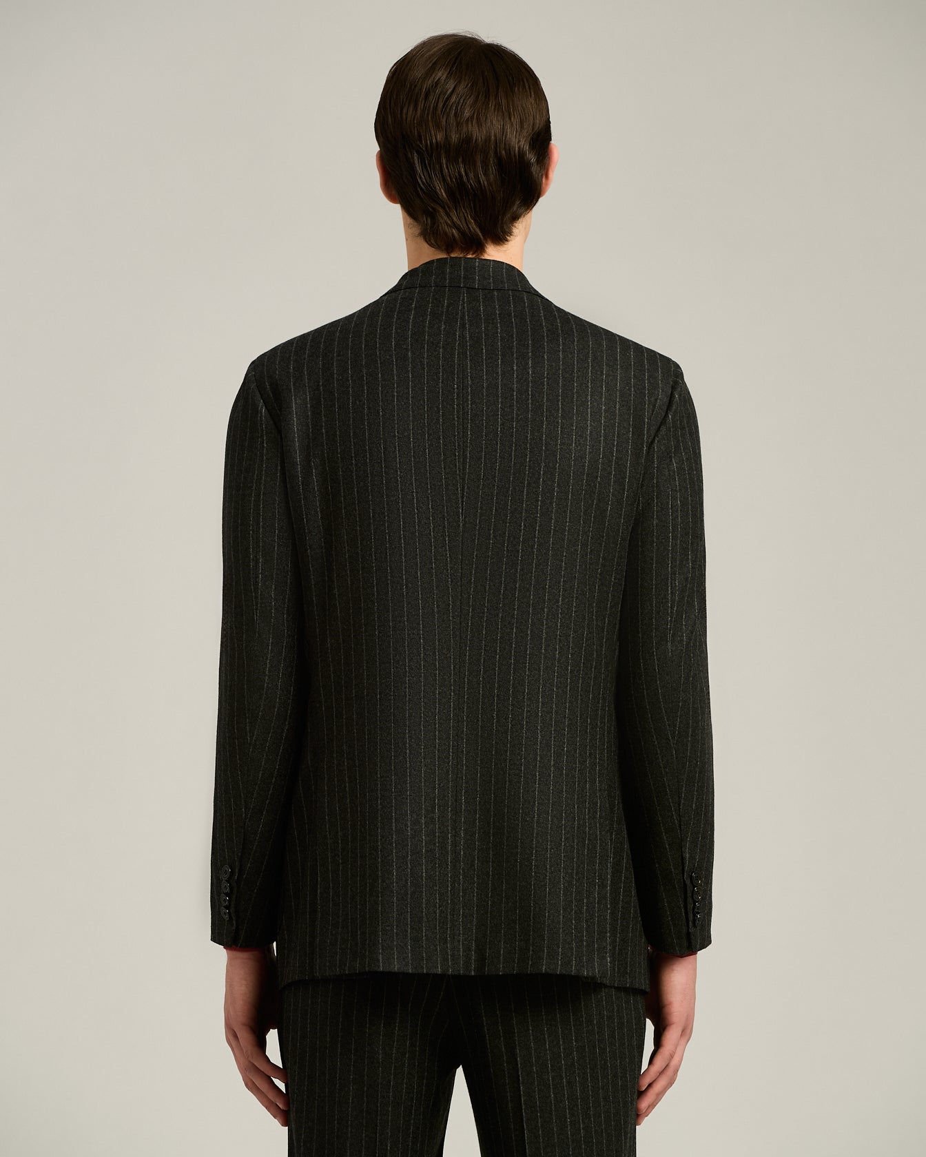 DOUBLE-BREASTED PINSTRIPE SUIT IN GREY WOOL AND CASHMERE