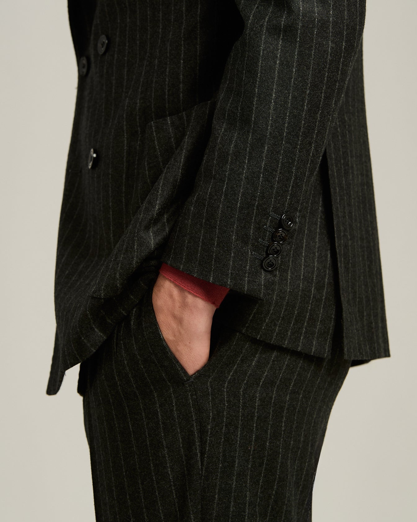 DOUBLE-BREASTED PINSTRIPE SUIT IN GREY WOOL AND CASHMERE