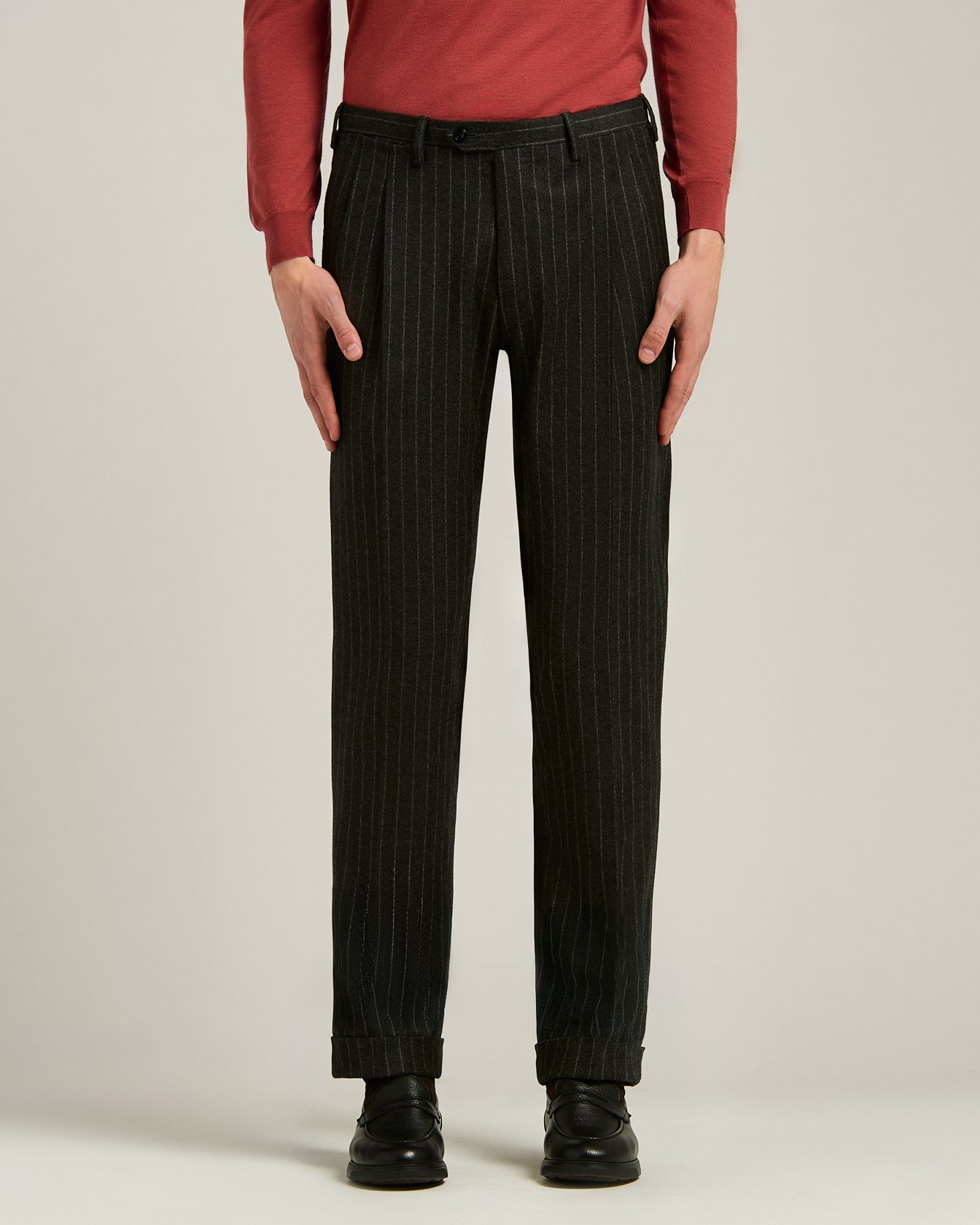 DOUBLE-BREASTED PINSTRIPE SUIT IN GREY WOOL AND CASHMERE