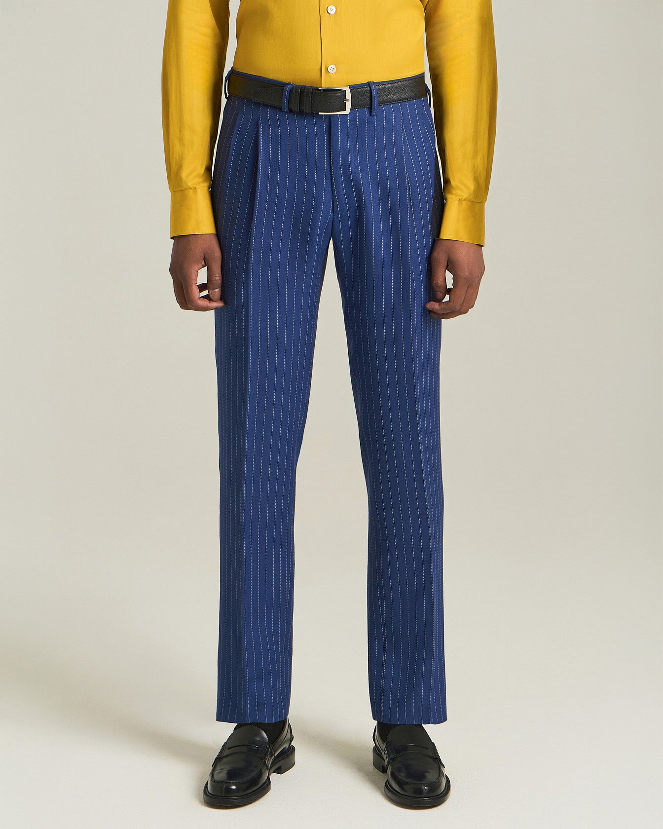 DOUBLE-BREASTED CASHMERE AND LINEN PINSTRIPE SUIT