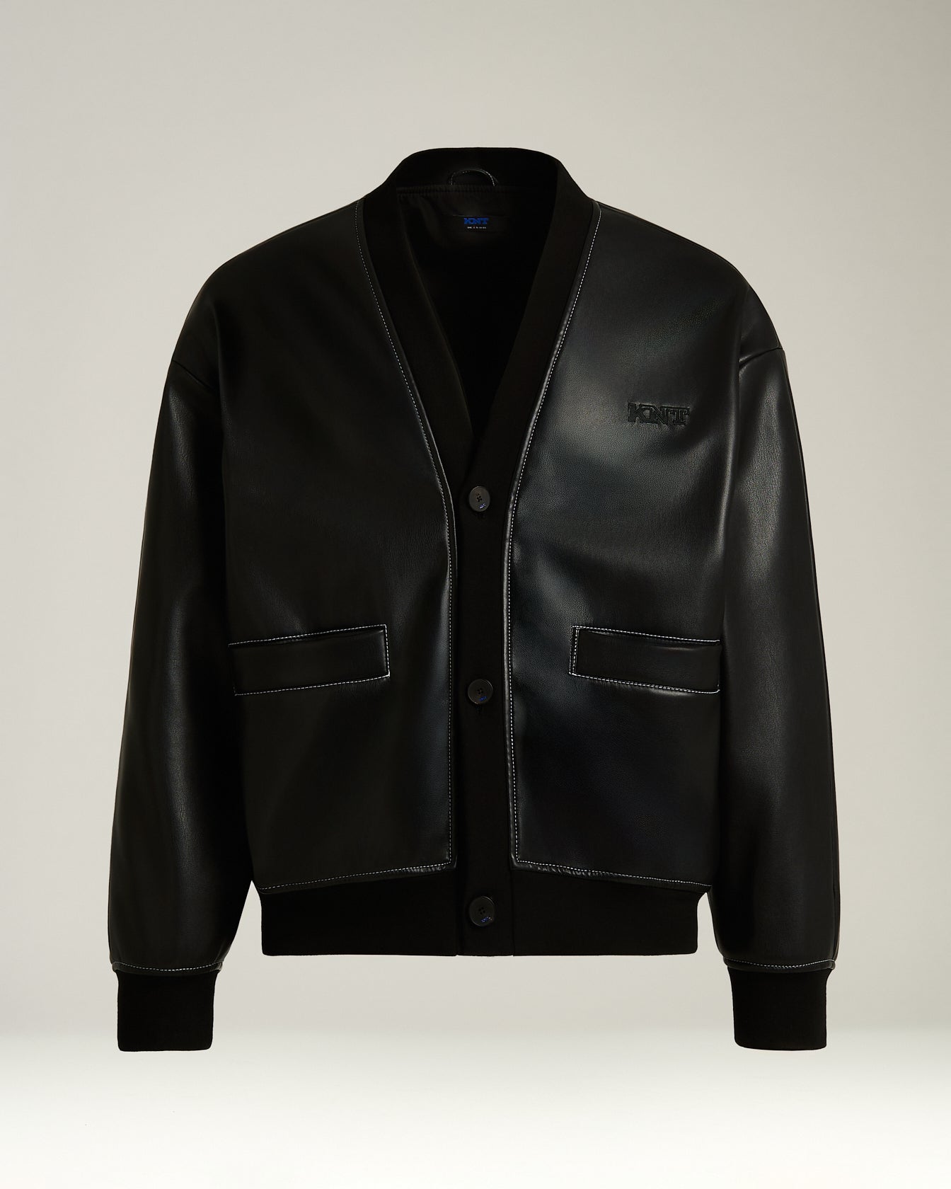 men's black faux leather bomber knt