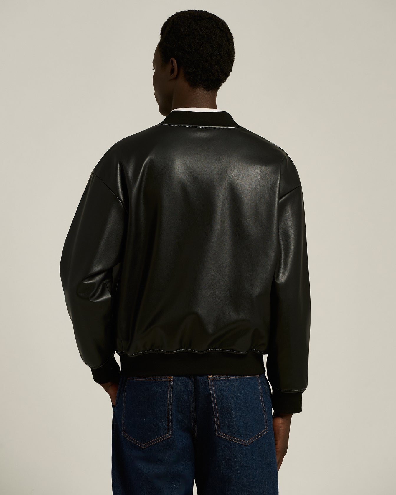 men's black faux leather bomber knt