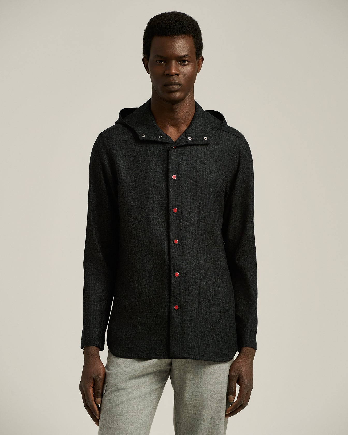 BLACK WOOL 'PETER' OVERSHIRT WITH HOOD