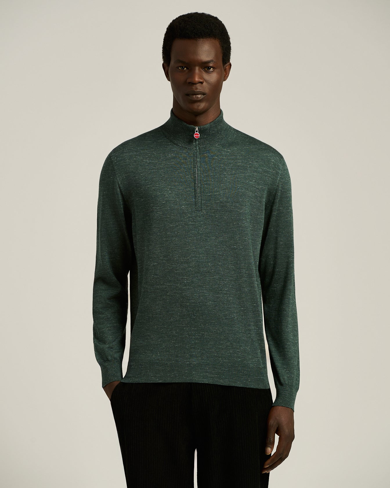 GREEN PINE ZIP-NECK SWEATER IN SILK, CASHMERE AND LINEN