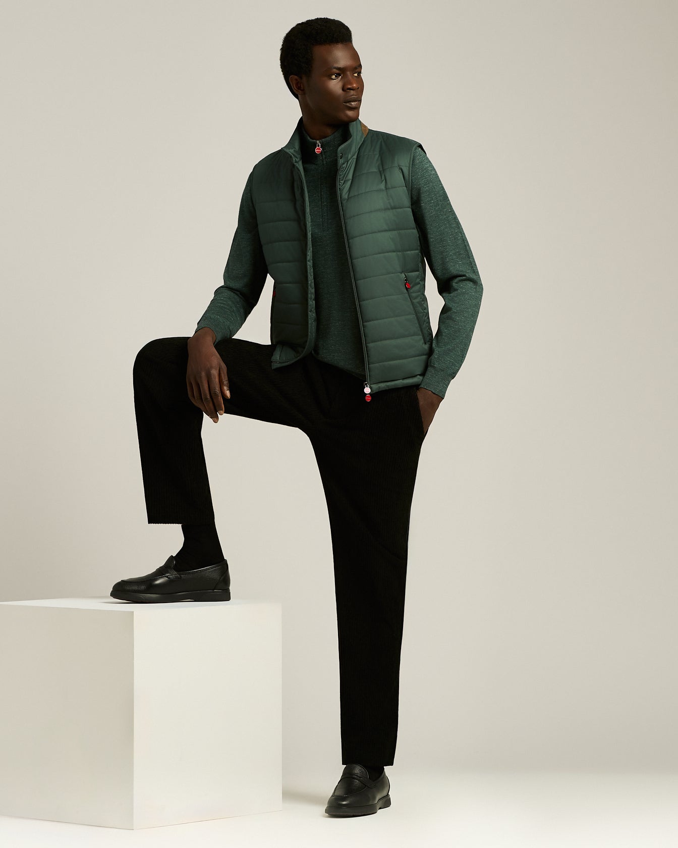 GREEN PINE ZIP-NECK SWEATER IN SILK, CASHMERE AND LINEN