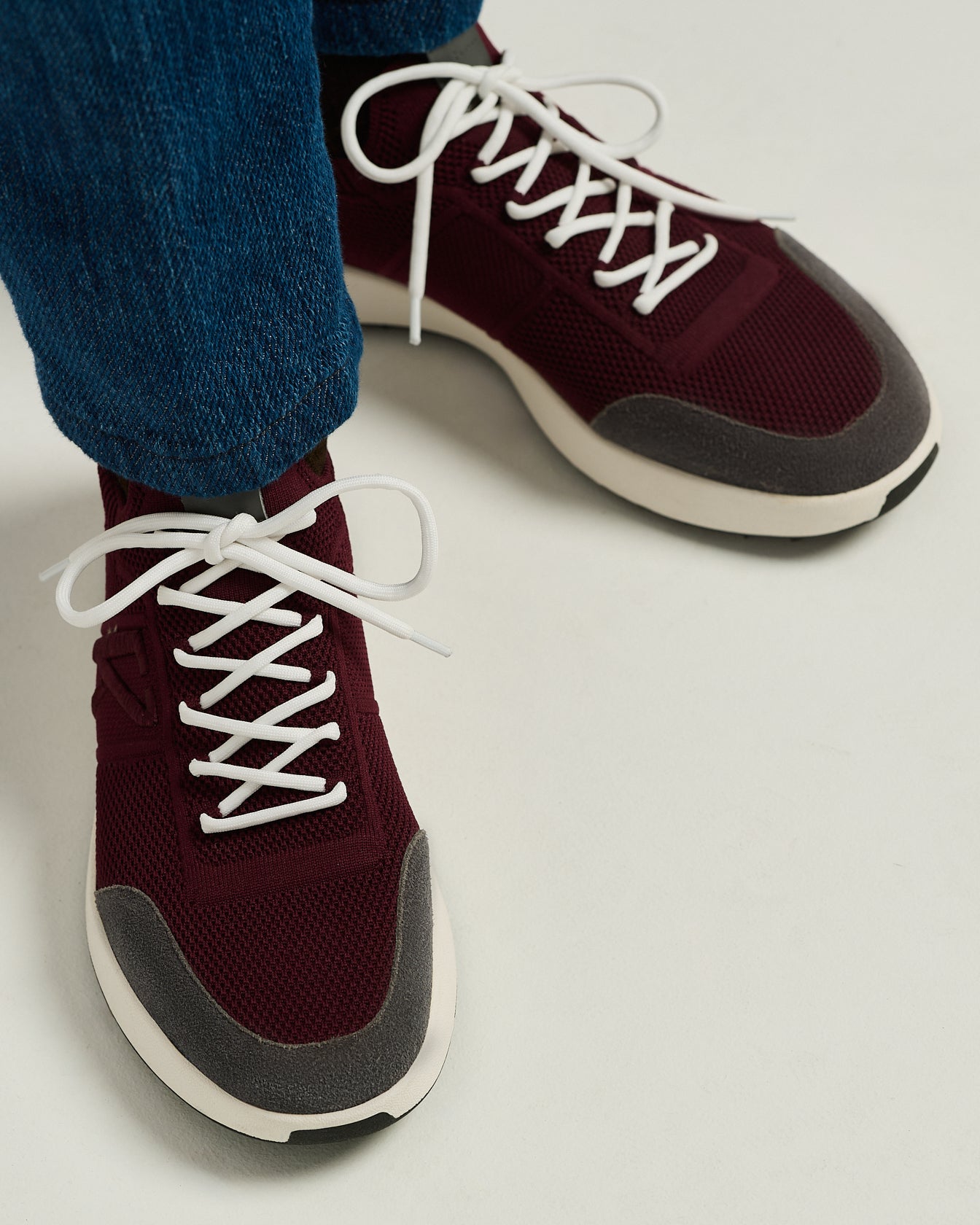 BORDEAUX COTTON-KNIT SNEAKERS WITH CALFSKIN SUEDE