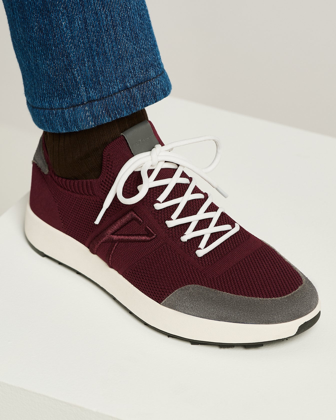 BORDEAUX COTTON-KNIT SNEAKERS WITH CALFSKIN SUEDE